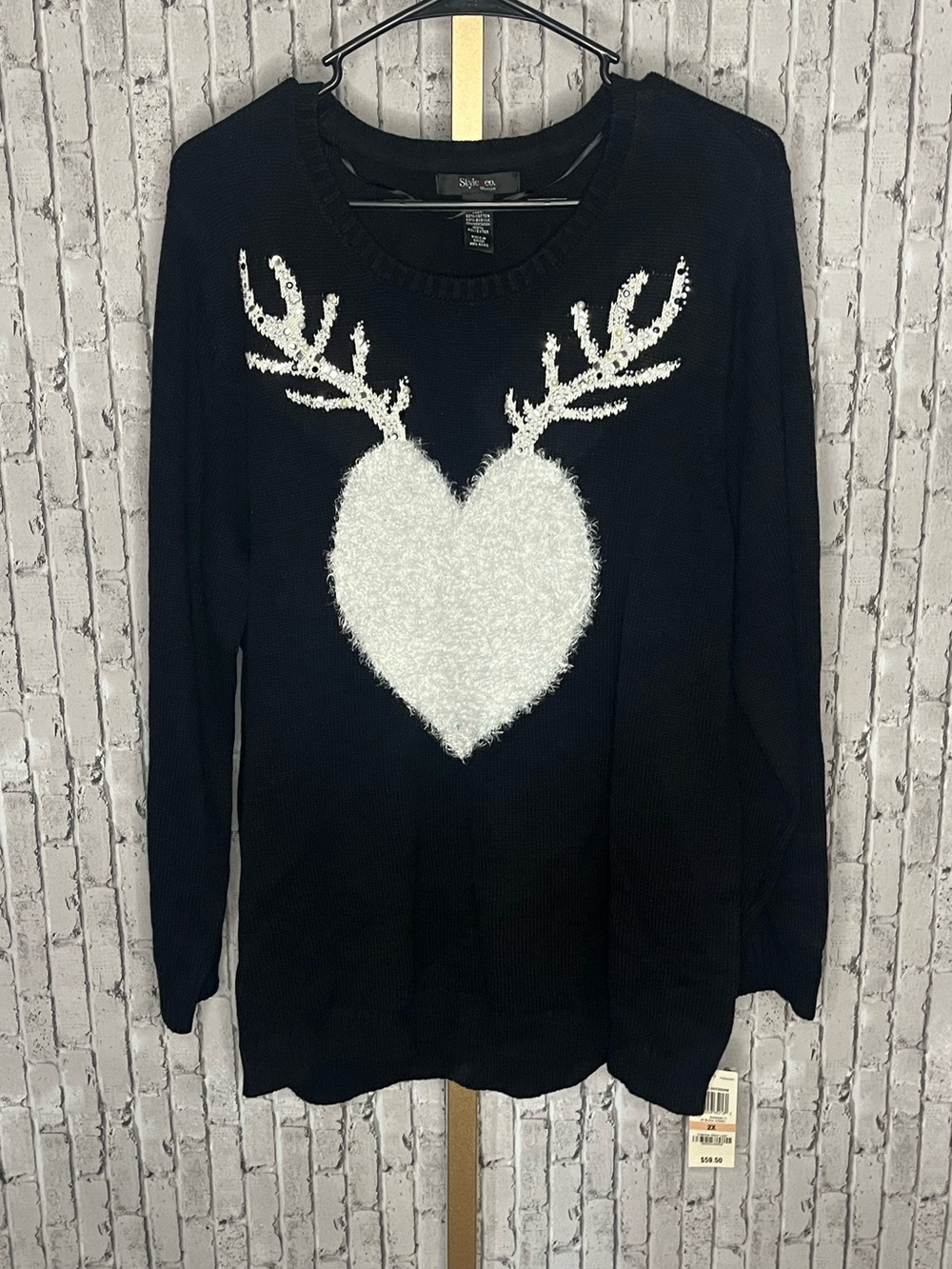 Style & Co Plus Size 2X Reindeer Fuzzy Heart Holiday Sweater NWT
